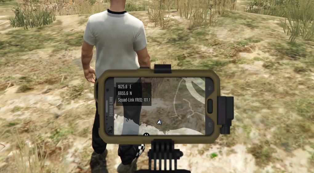 Squad-Link device in phone style, showing the minimap, coordinates and frequency 101.1