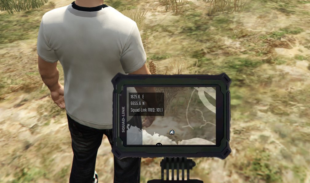 Squad-Link device in tablet style, showing the minimap, coordinates and frequency 101.1